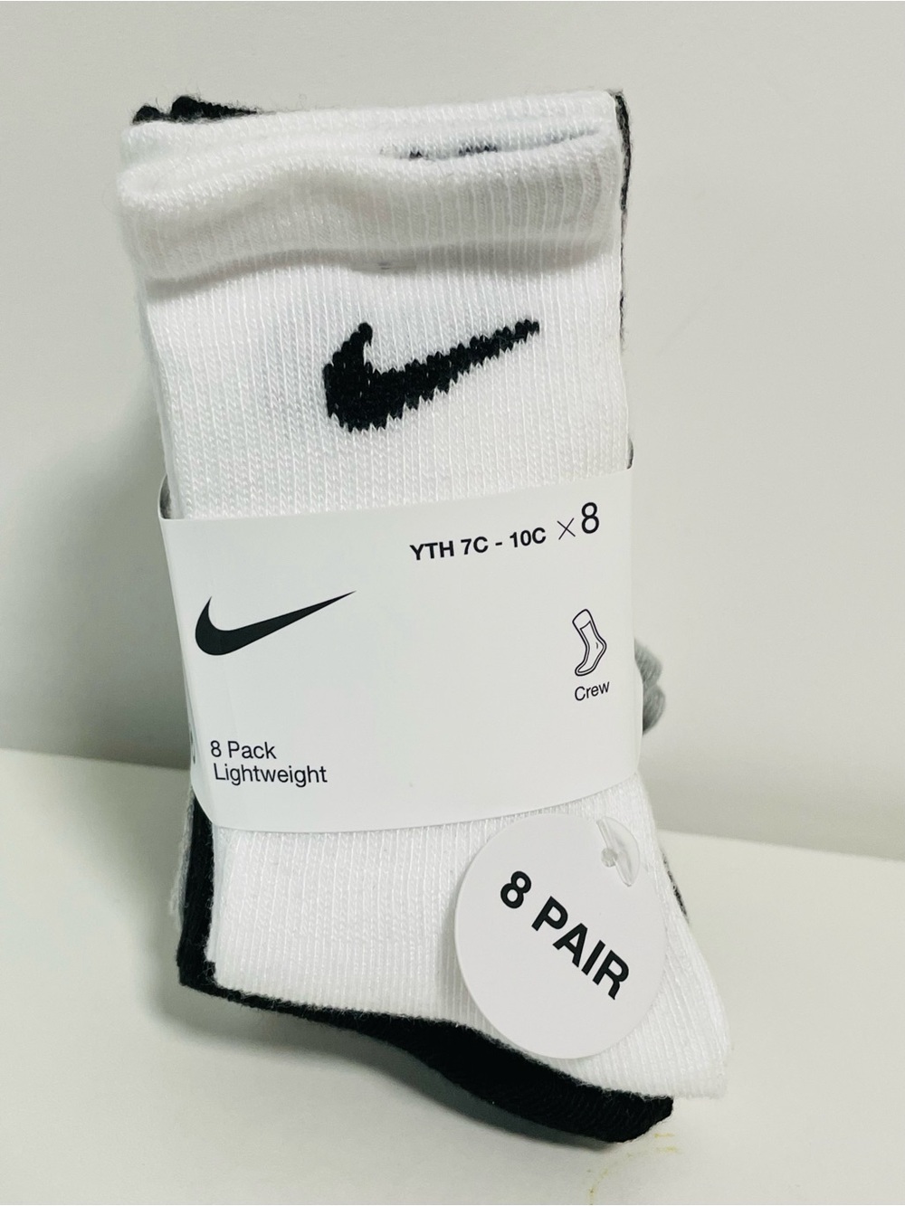 Nike White Crew Athletic Socks with Black Swoosh - 8 Pack